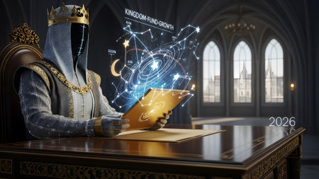 A regal figure in a hooded robe and crown sits at a desk, interacting with a glowing holographic...の写真素材
