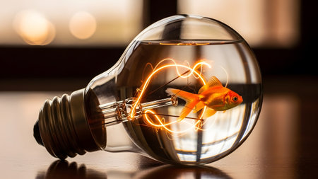 Orange showing goldfish swims inside a clear glass light bulb filled with water and glowing...の写真素材