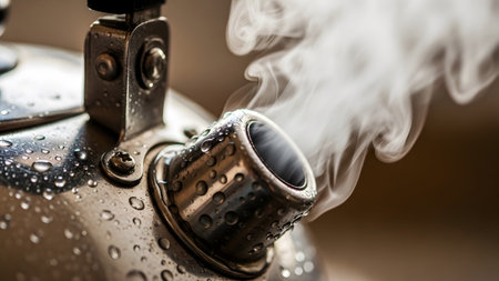 Droplets showing close up of steam rising from a metal kettle spout with water droplets on its...の写真素材