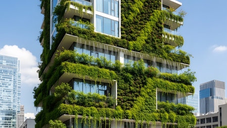 Facade showing modern building facade covered in lush green plants and vines with balconies and...の写真素材