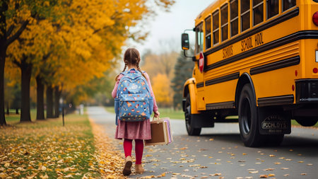 A girl with a backpack and books walks on a leaf-covered road towards a yellow school bus.の写真素材