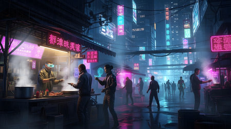 A futuristic cyberpunk street food market at night glows with neon signs, steam rising from food...の写真素材