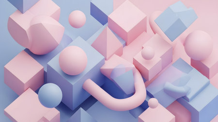 (313) showing soft pastel pink and blue geometric shapes including cubes spheres and tubes...の写真素材