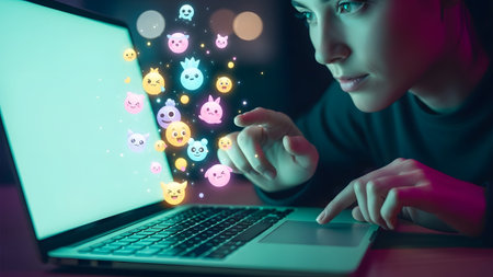 Emojis showing young person interacting with a laptop displaying cute cartoon emojis and in a...の写真素材