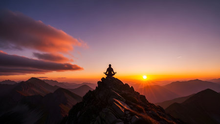 A lone figure meditates atop a rocky mountain peak against a vibrant sunset sky with orange and...の写真素材