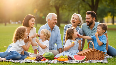 A multi-generational family enjoys a sunny picnic in a park, sharing fruit and laughter on a...の写真素材