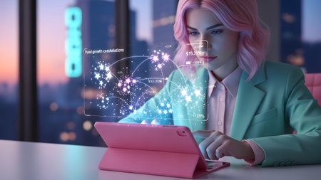 A woman with pink hair uses a pink tablet displaying a holographic interface with glowing...の写真素材