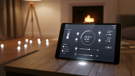 Settings showing tablet displaying smart home controls with temperature and lighting settings in...の写真素材