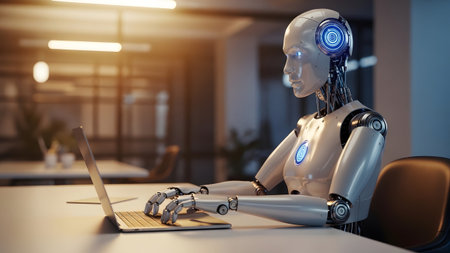 A humanoid robot with glowing blue accents sits at a desk, typing on a laptop in a softly lit...の写真素材