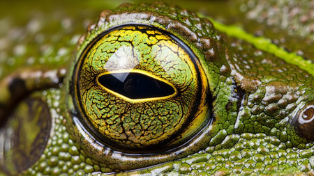 showing detailed macro of a green frogs eye with yellow and black patterns and textured...の写真素材