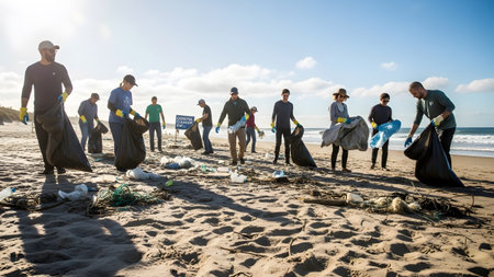 A diverse group of people in casual clothing collect litter and plastic waste from a sandy beach...の写真素材
