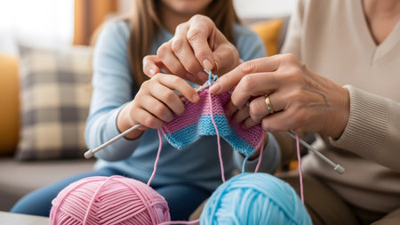 Granddaughter showing grandmother and granddaughter knitting with pink and blue yarn and needles...の写真素材