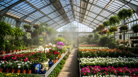 Lush showing greenhouse interior filled with rows of colorful flowering plantstitle:lush...の写真素材