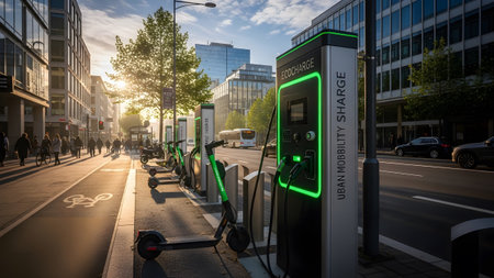Stock showing electric scooters charging at an urban mobility station with solar panels and city...の写真素材