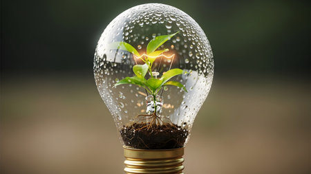 A green seedling with roots grows within a clear light bulb covered in numerous water droplets,...の写真素材
