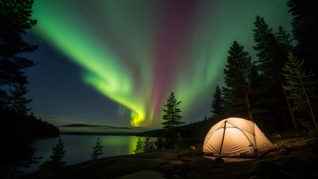 Stock showing tent by lake with reflections under colorful aurora borealis and misty mountains....の写真素材