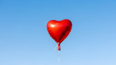 String showing shiny red heart shaped balloon suspended in a clear blue sky with a white string.の写真素材