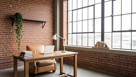 A wooden desk with a laptop and chair is positioned in front of a large window with a brick wall...の写真素材