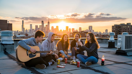 Five young people sit on a rooftop at sunset with a city skyline behind them....の写真素材