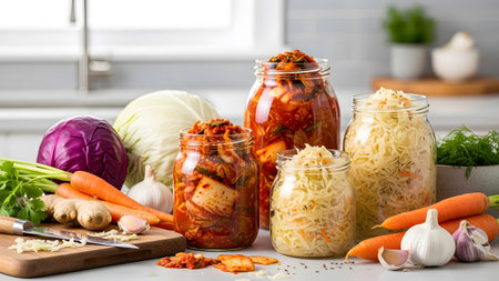 Countertop showing fermented cabbage and carrots in glass jars with fresh ingredients on kitchen...の写真素材