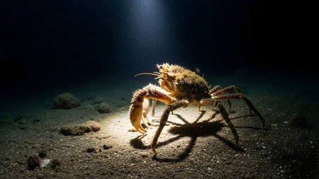 Long showing a spiny spider crab with long legs casts a shadow on the sandy ocean floor.