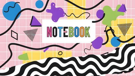 80s Memphis style with the word NOTEBOOK surrounded by colorful abstract shapes and a pink grid.の写真素材