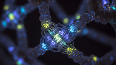 Stock showing abstract glowing interconnected knot-like structures in blue yellow and purple....
