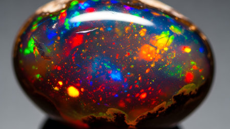 A polished black opal gemstone with a dark background displaying a array of colorful flashes and...