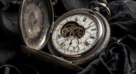 Close-up of an antique silver pocket watch with exposed gears and a cracked face on black fabric.の写真素材