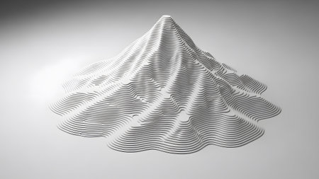 A white abstract model of a mountain is formed by stacked contour lines creating a layered...の写真素材