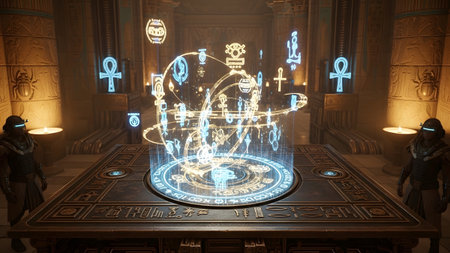 Symbols showing ancient egyptian chamber with holographic display of symbols and ankhs on a...
