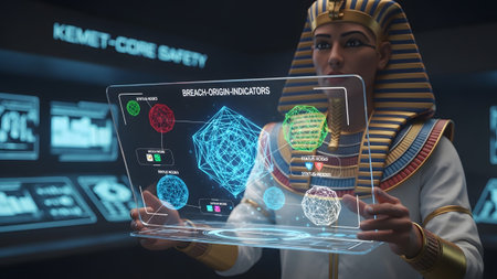 A pharaoh in traditional headdress examines a glowing holographic display showing complex data...
