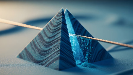 Stock showing abstract blue and black marbled pyramid geometric shape cut by copper wire...の写真素材