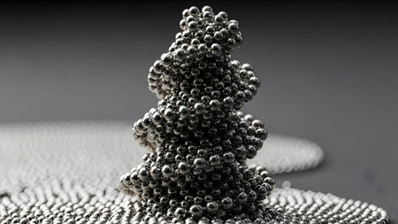 A 3D rendered abstract sculpture made of metallic silver spheres twisted into a DNA helix shape...の写真素材