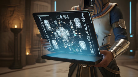 Connections showing ancient egyptian figure holding a futuristic holographic tablet displaying...
