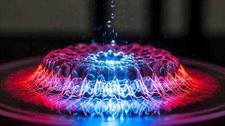 Stock showing abstract water sculpture with red and blue neon lights and falling droplets.の写真素材
