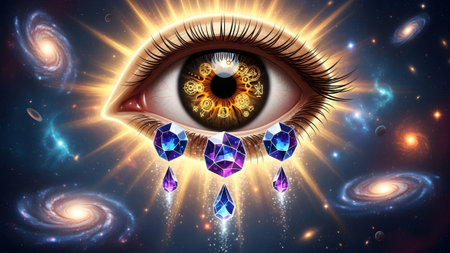 An all-seeing eye with intricate astrological symbols in its iris weeps purple jeweled tears...の写真素材