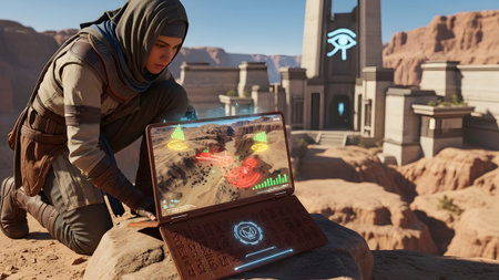 Laptop showing adventurer examining desert map on futuristic tablet with ancient architecture...
