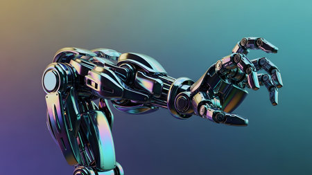 An advanced metallic robotic arm with an iridescent chrome finish, its articulated fingers are...