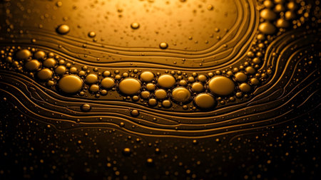 Abstract macro shot of golden liquid with flowing lines and clusters of small, round bubbles.