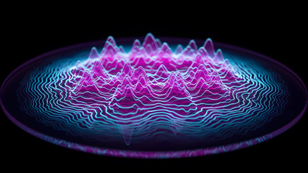 Wave showing abstract sound wave visualization with glowing magenta peaks and cyan ripples on a...