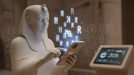 Technology showing ancient egyptian pharaoh statue interacting with futuristic digital...