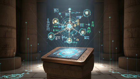 A stone pedestal in an ancient temple a glowing blue and gold holographic interface with...
