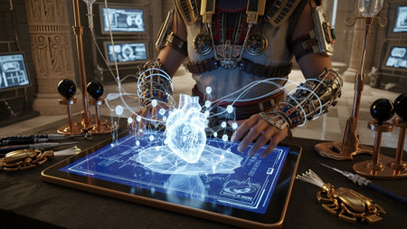 An ancient Egyptian figure in futuristic armor examines a glowing holographic heart on a digital...
