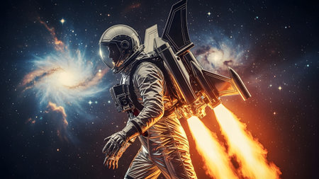 Space showing astronaut with jetpack soaring through a vibrant nebula and starfield in deep...
