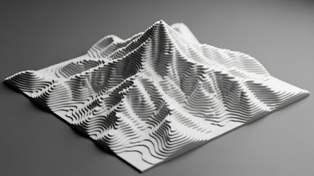 A white model of a mountain, constructed from layered contour lines, is viewed from an angle on...の写真素材