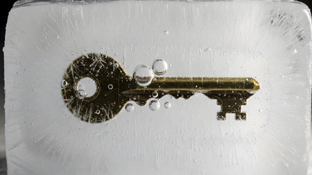 A brass key is encased in a block of clear ice with numerous air bubbles and radiating ice crystals.