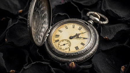 Resting showing antique silver pocket watch with ornate engraving resting on dark black rose...の写真素材