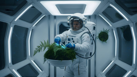 White showing astronaut in a white suit carefully pruning a lush green fern plant in a...