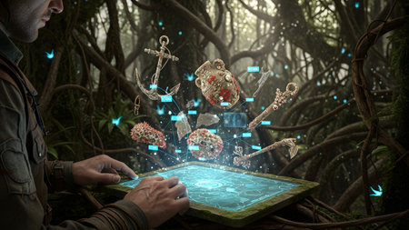 An explorer studies a glowing holographic display of ancient artifacts, including an anchor and...